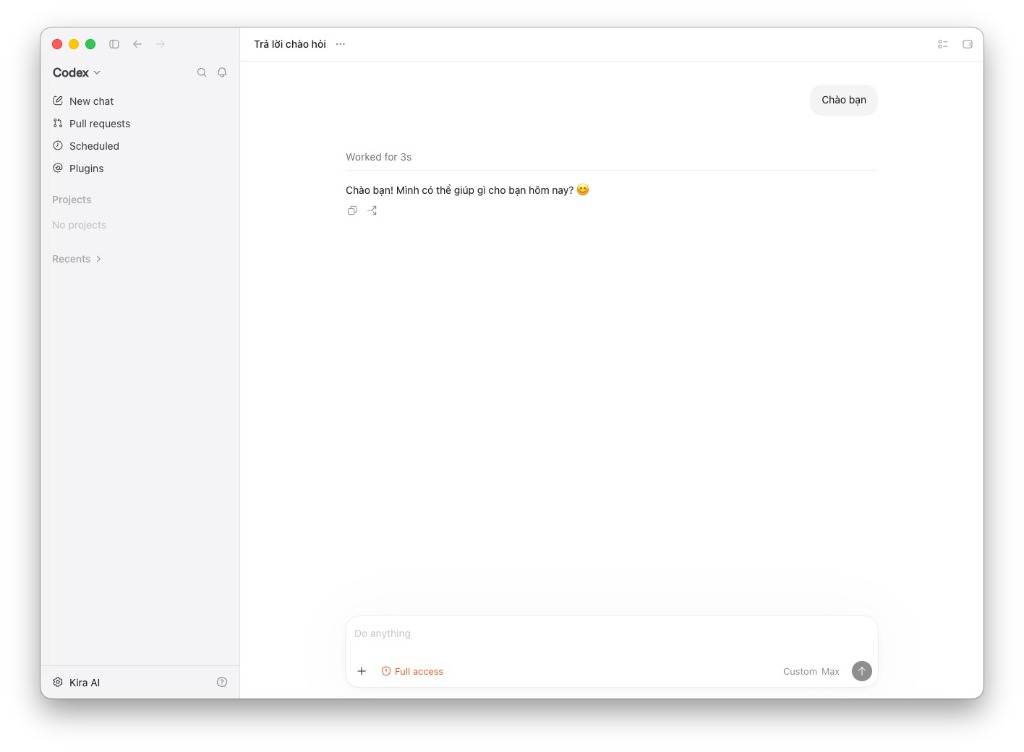 Giao diện Codex hoạt động thành công với Kira AI