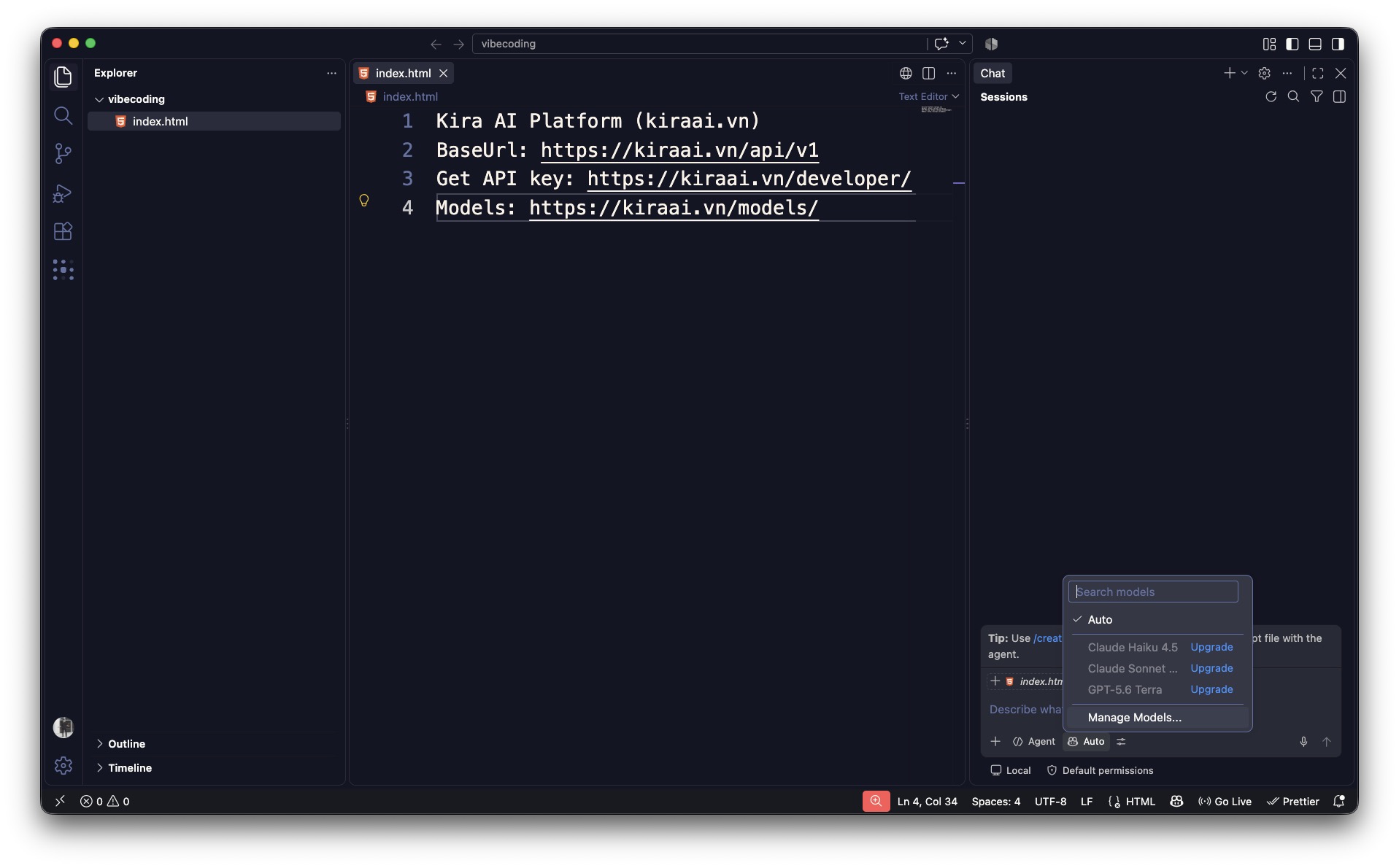 Thông tin Kira AI Platform trong VS Code