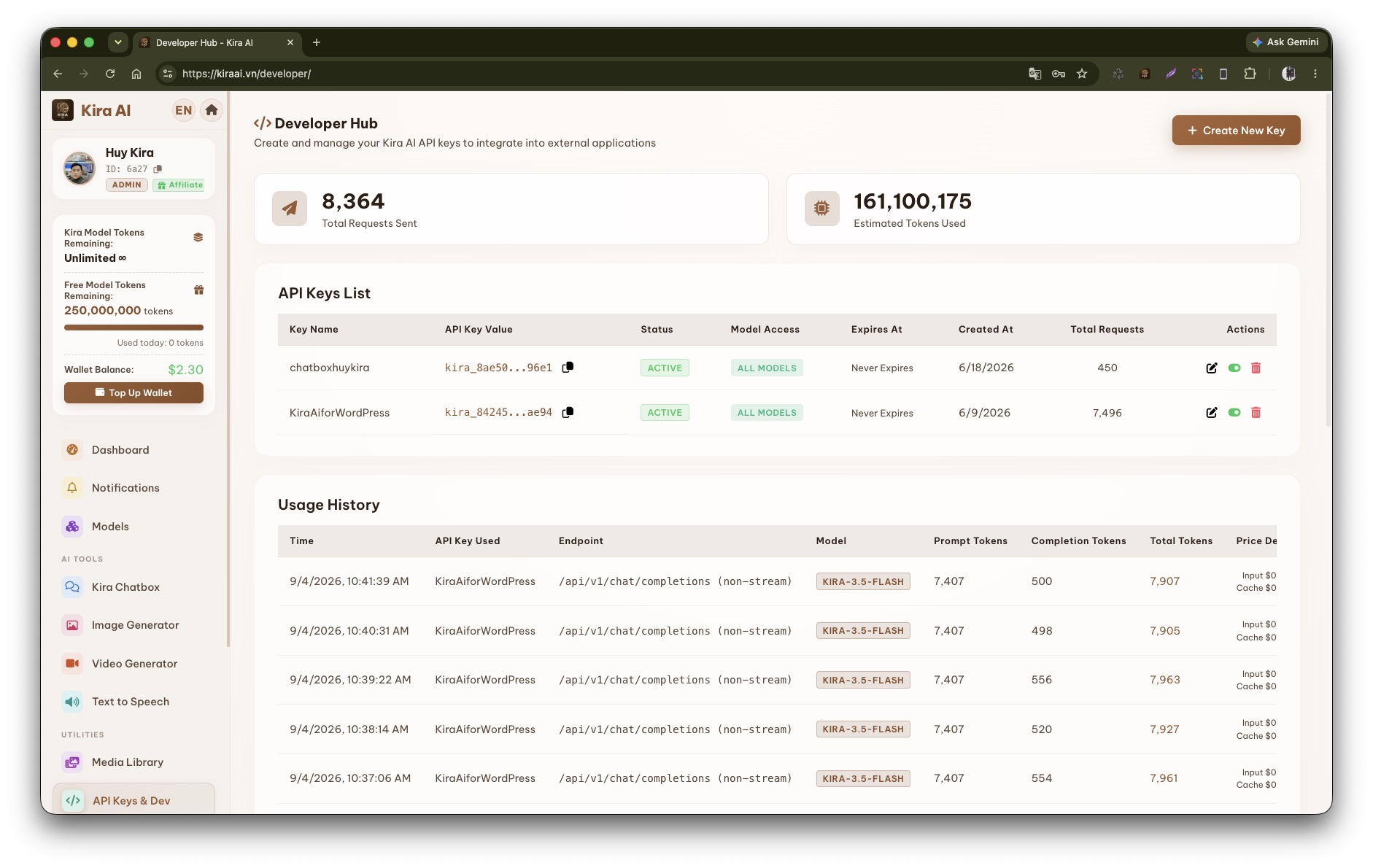 Developer Hub - Lấy API Key