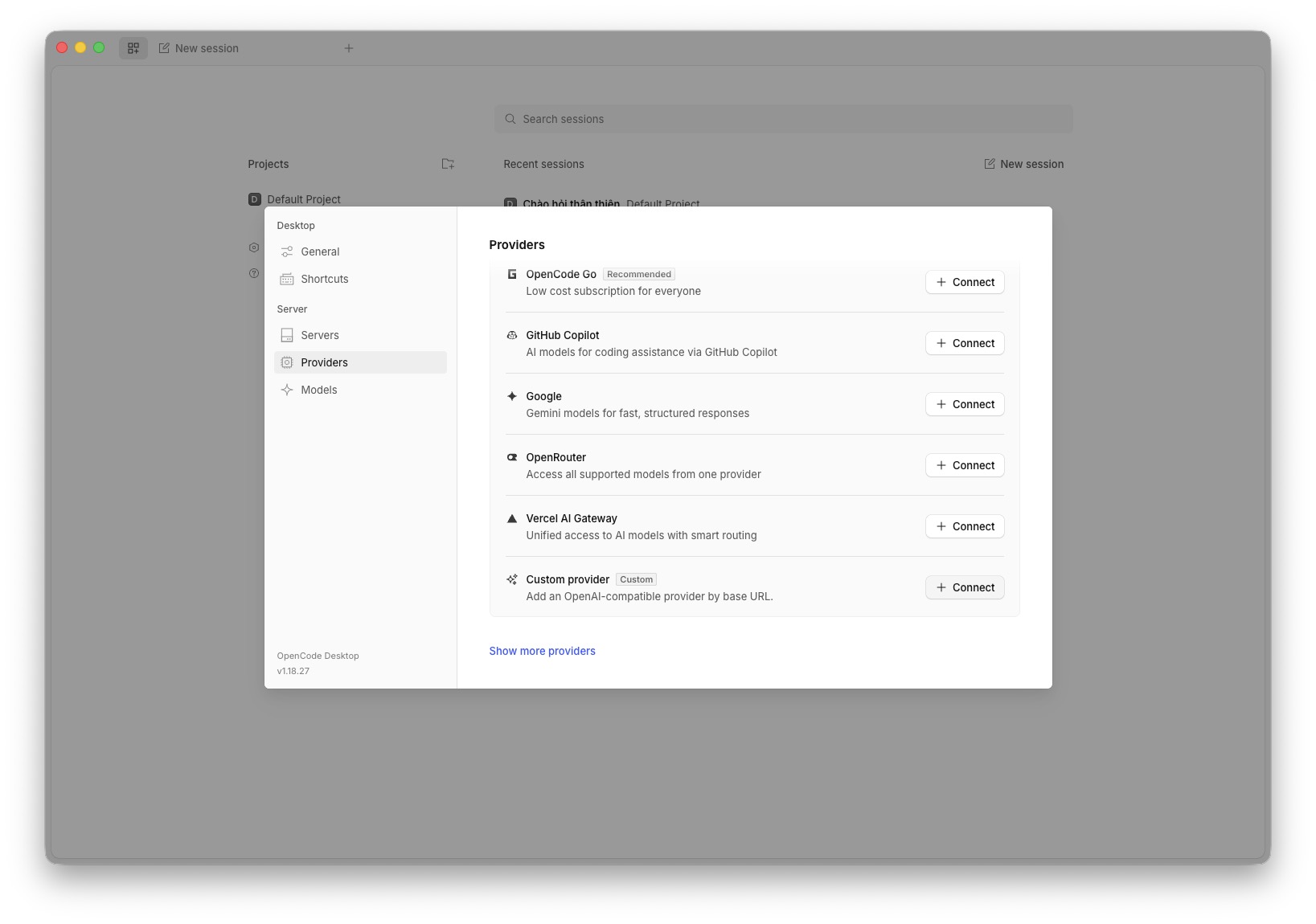 Mở Settings -> Providers -> Custom provider trong OpenCode Desktop