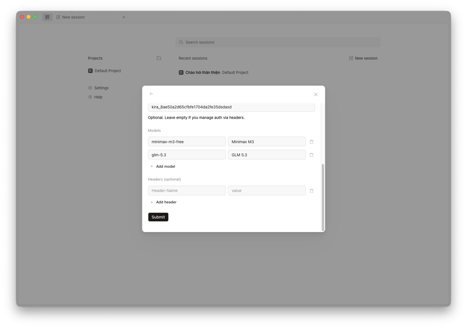 Thêm các model vào OpenCode Desktop và Submit