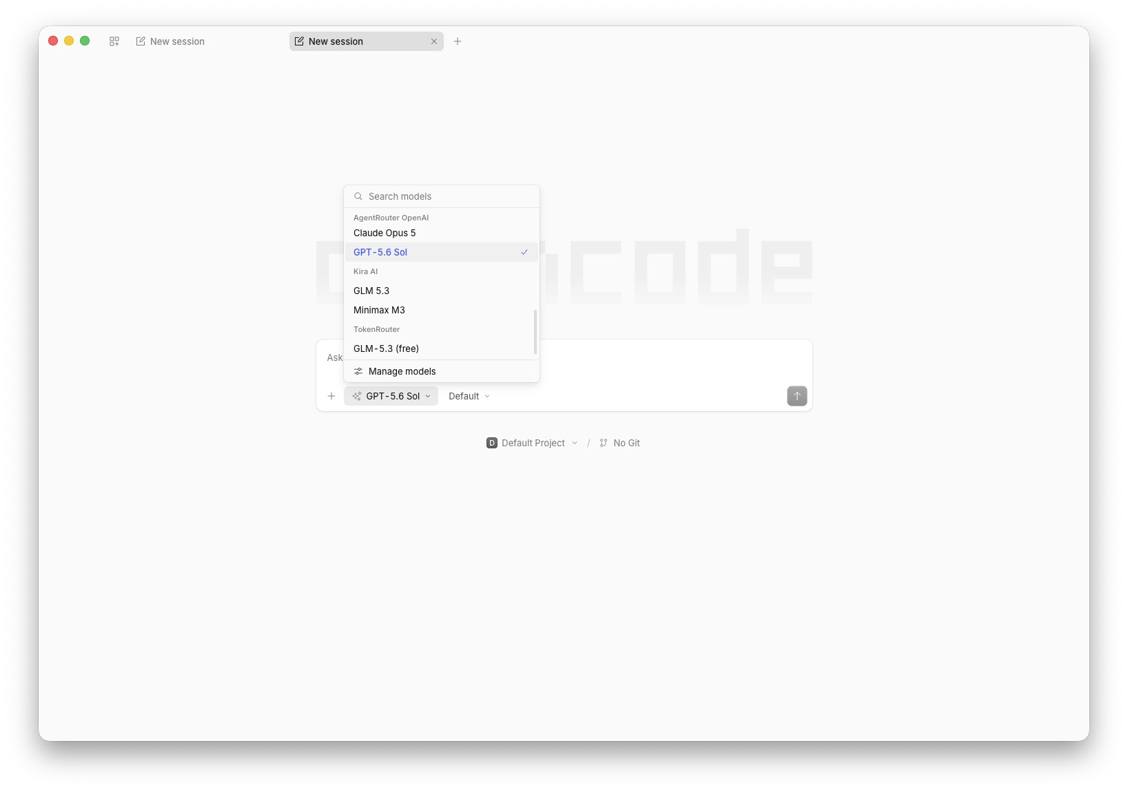 Chọn model Kira AI trong OpenCode Desktop